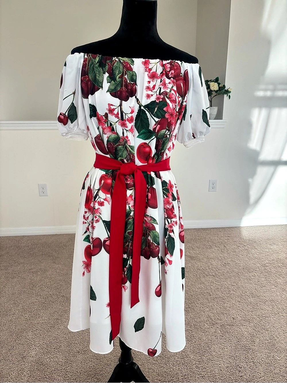 European Cherry Print Off-Shoulder Dress with Red Belt – Size 36